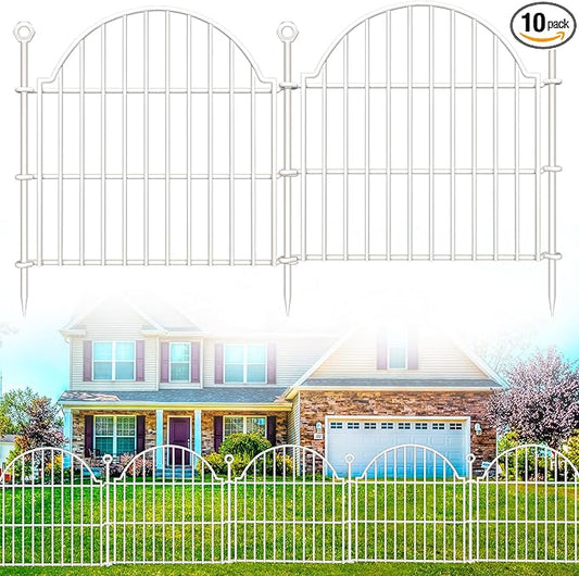 10 Panels No Dig Decorative Garden Fence for Yard, 24in (H) x 20ft (L) Rustproof Metal Wire Panel Border Animal Barrier Fencing for Dog, Rabbits, Flower Bed Edging Ornamental with Ground Stake, White