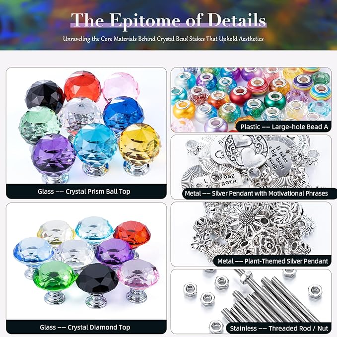 513pcs DIY Beaded Garden Stakes, DIY Fairy Wand Garden Stake Decorative Kit with Plants and Motivational Pendant, 12 in Rod, Crystal Top, Large Holes Bead for Holidays Outdoor&Indoor Decorative