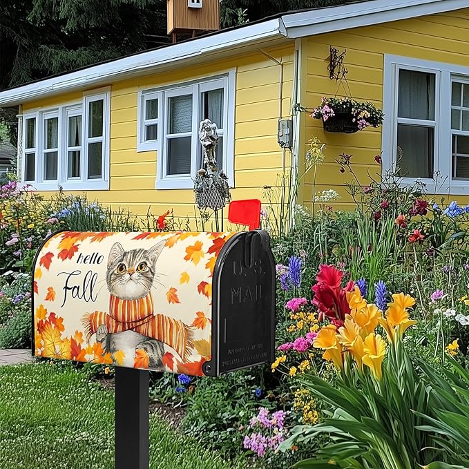 Hello Fall Mailbox Cover Cat Mail Box Covers Magnetic Standard Size 21x18 inch Maple Leaf Mailbox Wrap for Outside Garden Yard