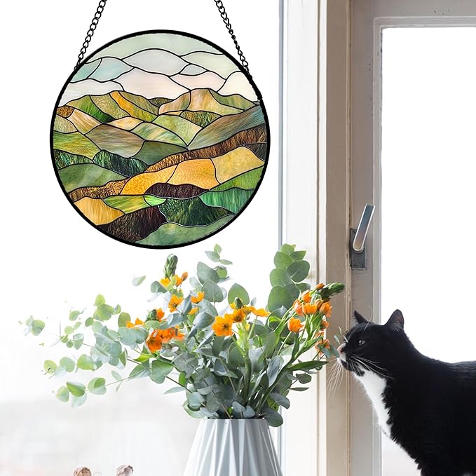 Stained Glass Window Hanging 4 Pcs Set Mountain River Landscape 7.8" - Suncatcher Door Garden Sun Catcher Decor Birthday Mother's Day for Mom Woman Nana Girl Boy Friend