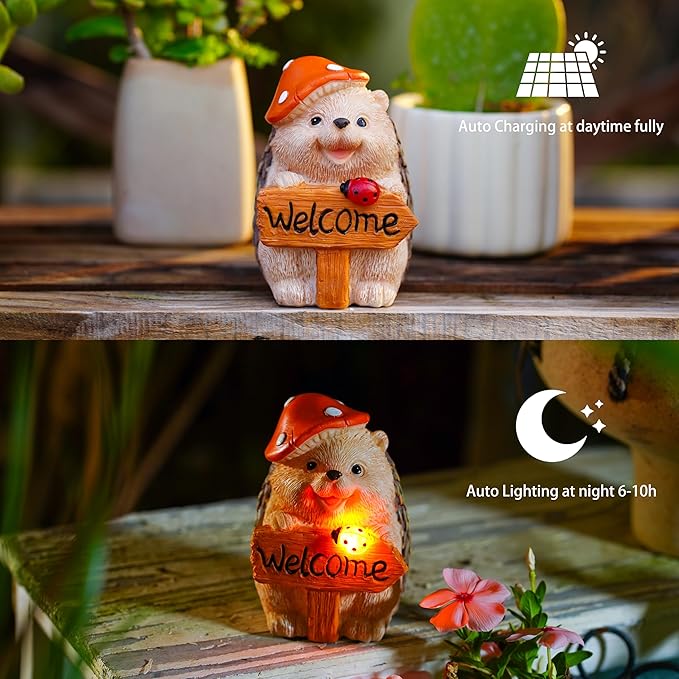 Garden Hedgehog Welcome Sign Statue with Mushroom Hat, Solar LED Ladybug Light, Outdoor Decorative Figurine 4.6in, Housewarming Gift for Patio,Yard,Lawn Ornament