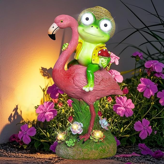 Solar Garden Decor Statue, Waterproof Flamingo Frog Outdoor Figurine with Lights, Cute Christmas Birthday Housewarming Gift for Women, Mom, Grandma, Art Decor for Yard Lawn Ornament