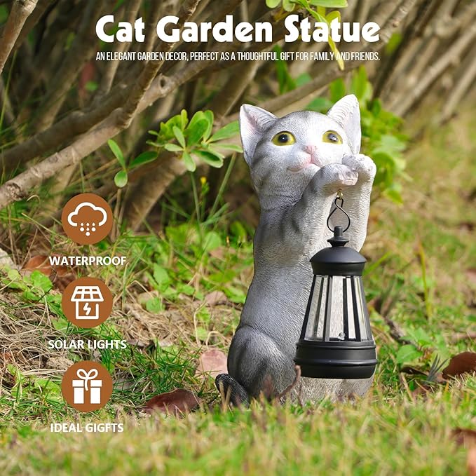 Solar Cat Garden Statue - Outdoor Cat Statues with Lantern Lights for Garden Yard Art Lawn Ornaments Porch Patio Balcony Home House Gardening Gifts for Women Grandma Mom