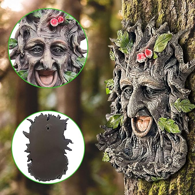 12" Real Tree Face Hugger Statue, Outdoor Garden Resin Bird Feeder Sculpture with Foliage Features, Fairy Elve Accent Yard Art, Halloween Trees Decorations Outdoor Wall Mounted Statue