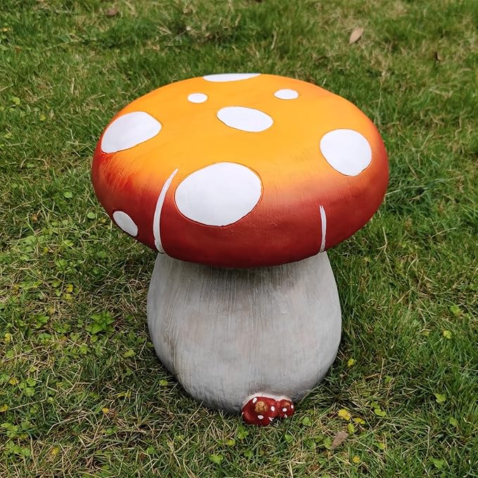 Mushroom Resin Statue Stool Over Sized Sculpture Courtyard Lawn Pond Ornament Garden Outdoor Patio Stool Decoration Red 13.3'' High