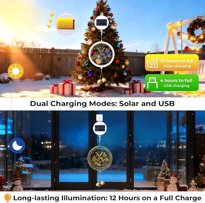 Solar Hanging Lights - Outdoor Indoor Christmas Decorations for Window, Garden, Patio, Porch,Holiday Home Decor, (Reindeer)