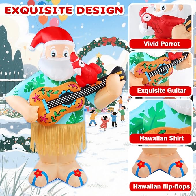 6.4FT Christmas Inflatables Santa Claus Playing Guitar Santa Parrot Outdoor Decorations Blow Up Yard Xmas Decor with Built-in LED Lights for Holidays Lawn Home Indoor Outside