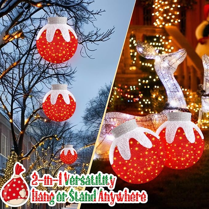 Outdoor Hanging Christmas Ornaments, Lighted Pop-Up Hanging Outdoor Holiday Ball Decoration, 8 Light Modes, Lighted Collapsible Holiday Decorations (Red)