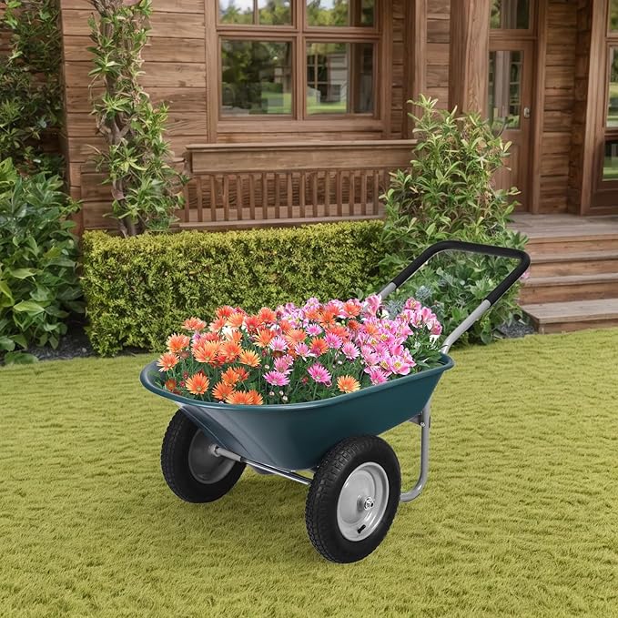 ERGOMASTER Dual-Wheel Wheelbarrow, Home Utility Garden Cart, 330 LBS Capacity, Large Heavy Duty Yard Cart for Gardening & Planting, Lawn, Farm, Construction Site, Green