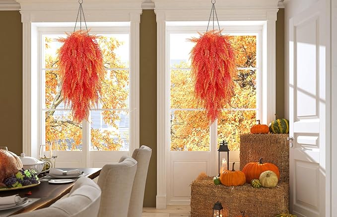 RECUTMS Artificial Hanging Plants 4Pcs Fake Boston Fern Real Touch Faux Greenery Leaves UV Resistant Plastic Ivy Vines for Patio Wall Home Garden Wedding Indoor Outdoor Decor (A-Gold)