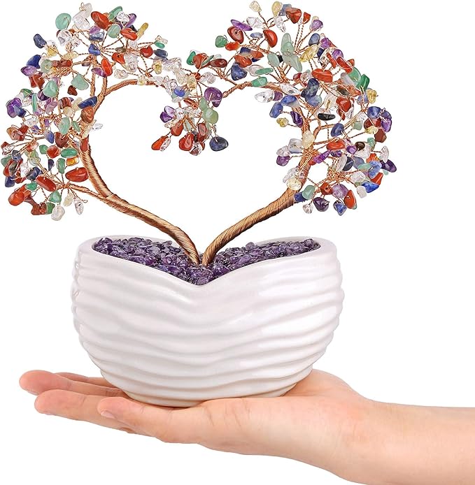 Jovivi 7 Chakra Healing Crystal Heart Money Tree Healing Gemstone Bonsai for Wedding Ceremony Reiki Balancing Energy Meditation Feng Shui Wealth & Good Luck Home Indoor Office Decor 7.87"-8.26"