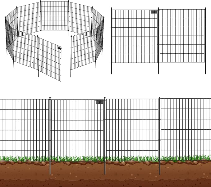 5 Panels No Dig Garden Fence with Gate, 32 in(H) X12.1 ft(L) Metal Fence Panels, Thickened Rustproof Garden Fencing, Animal Barrier for Dogs, Rabbits, and Patio