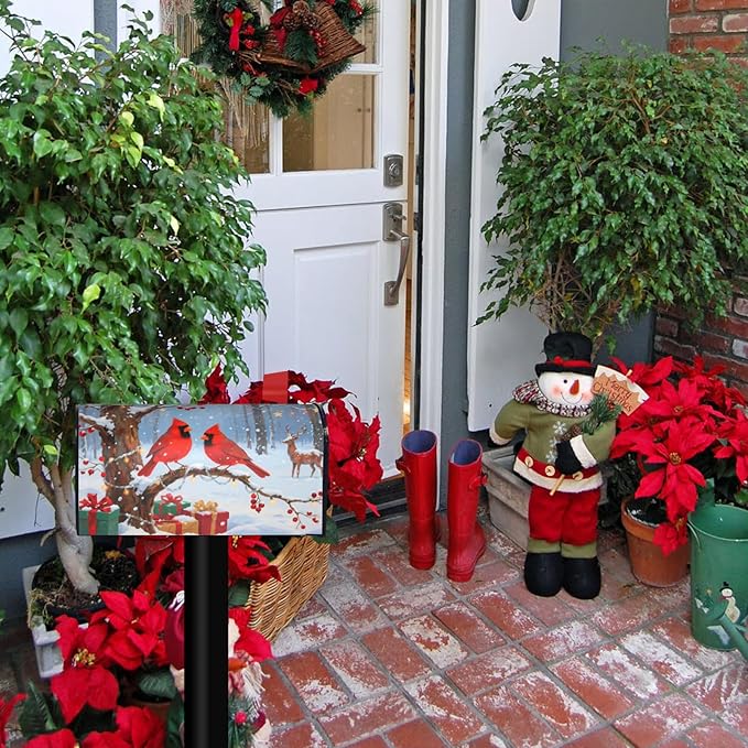 Christmas Cardinal Mailbox Cover, Xmas Winter Snow Scene Waterproof 21" Lx 18" W Magnet Mailboxes Cover, Standard Size Wraps Post Letter Box Case for Garden Yard Outdoor Decor