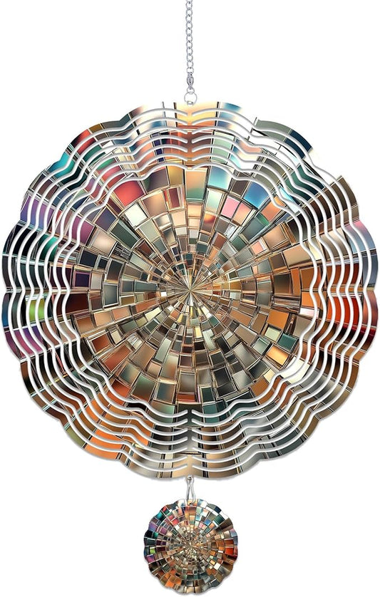 Wind Spinners Outdoor, Silver Mosaic Modern 3D Stainless Steel Wind Sculpture Spinner for Garden Outside Hanging Decor Mother's Day Christmas Birthday Gifts for Women Men Mom Nana 9.8 in