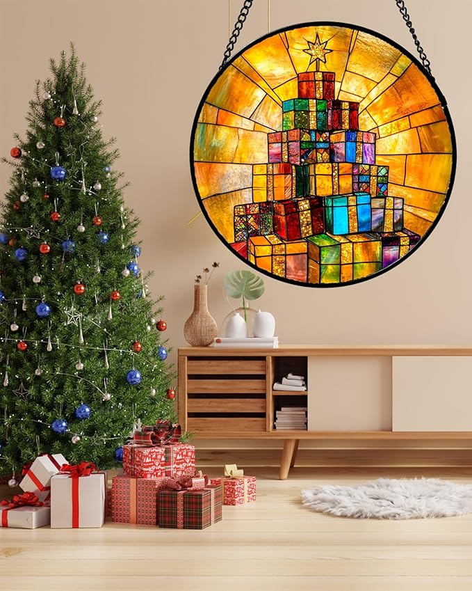 Stained Glass Window Hanging - Colorful Gift Box Tower Suncatcher for Doors Home Christmas Decoration Winter Sun Catcher Thanksgiving New Year Birthday Gift for Friend Women Men Mom Nana 9.8 in
