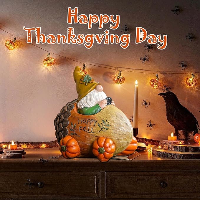 Topadorn Fall Gnome Statue Pine Cone Car with Pumpkin Wheel, Autumn Harvest Gnome Resin Figurine for Home and Outdoor, Thanksgiving Party Home Gnomes Decor