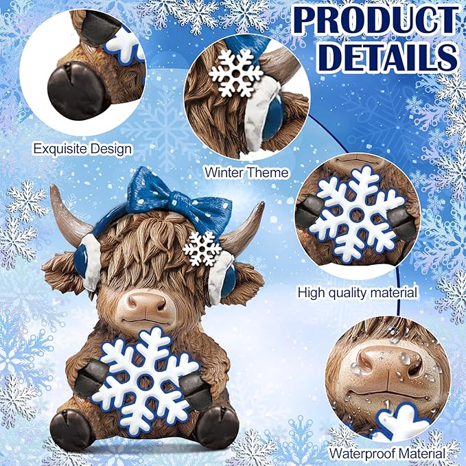 Sosation 4 Pcs Winter Snow Highland Cow Figurines Christmas Snowflake Highland Cow Gnomes Snowy Scottish Resin Statue Calf Gifts for Winter Home Garden Kitchen Office Tiered Tray Table Decor