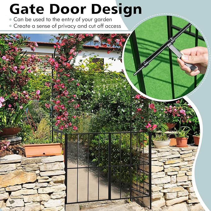 Giantex Garden Arbor with Gate, 90.5" H x 43.5" W Metal Arch Trellis for Climbing Plants, Outdoor Wedding Archway with Latch Door, Rust-Resistant Decorative Arch for Yard, Lawn, Garden Entrance