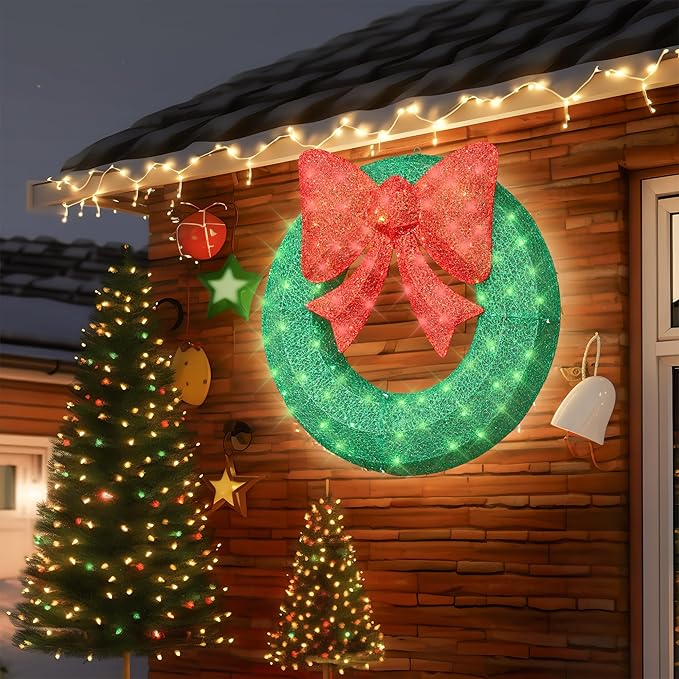 Lamerge 1PC Pre-Lit Outdoor Christmas Wreath Decorations, 36'' Bow Holiday Decor Wreath, Christmas Wreath with 90 Lights, Lights Outdoor/Indoor Decorations for Front Door, Wall, Window, Green