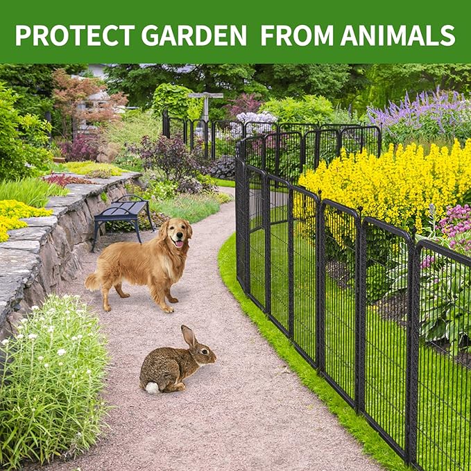 Decorative Garden Metal Fence 18ft (L)×40in (H) with 7 Panels 1Gate Outdoor, No Dig Rustproof Wire, Animal Barrier Fencing for Outdoor Yard Patio Flower Bed,（Black-Silver）