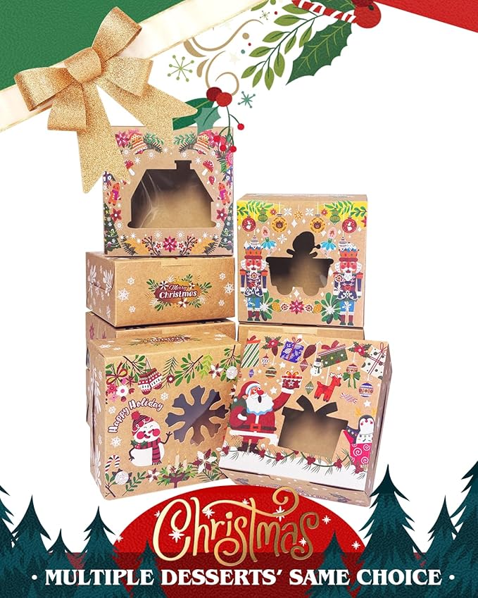 qiqee Christmas Treat Boxes with Window 36pcs 6x6x3 Brown Kraft Bakery Cookie Boxes Small Donut Pastry Boxes for Holiday Gift-giving Party Supply