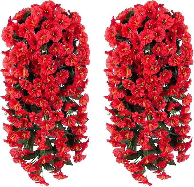 Artificial Fake Hanging Flowers Plants for Outdoor Outside Decoration, 2PCS Faux Silk UV Resistant Look Real Red Morning Glory Trailing Vines for Home Planter Wedding Party Garden Patio Porch