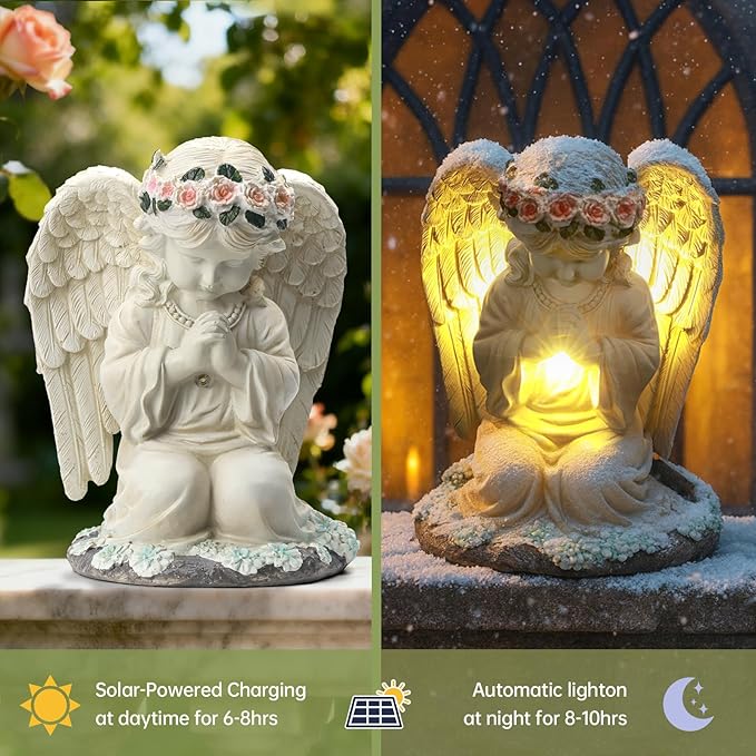 Solar Angel Prayer Statue, Memory Guardian Garden Decor with Warm Light - Religious Outdoor Decor, Auto On/Off LED Light, Memorial Gift for Cemetery, Patio & Gravesite