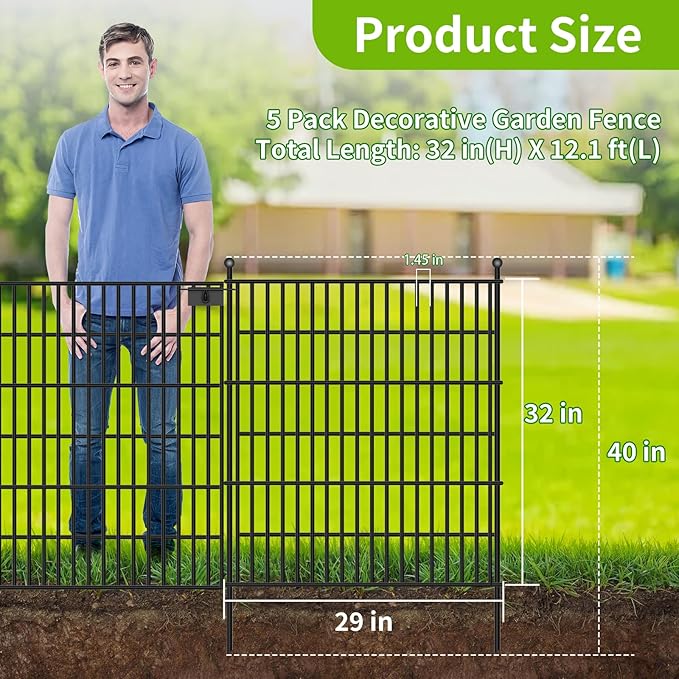 5 Panels No Dig Garden Fence with Gate, 32 in(H) X12.1 ft(L) Metal Fence Panels, Thickened Rustproof Garden Fencing, Animal Barrier for Dogs, Rabbits, and Patio
