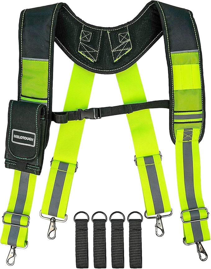 MELOTOUGH Reflective Safety Suspenders Tool Belt Suspenders Construction Work Suspenders with detachable phone holder comfortable foam shoulder padder (Lime)