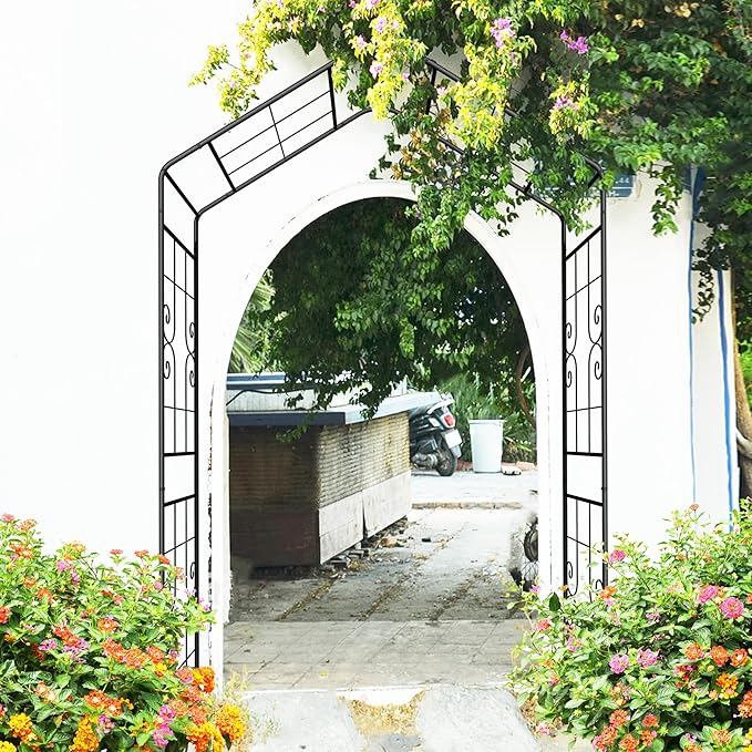 Garden Arbor, 8FT Metal Arbor Trellis for Climbing Plants Outdoor, Black Garden Archway for Lawn, Patio and Backyard, Wedding Arches for Ceremony