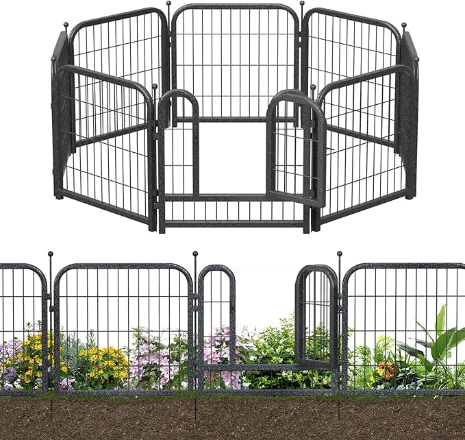 Decorative Garden Metal Fence 15.7ft (L)×24in (H) with 7 Panels 1 Gate Outdoor, No Dig Rustproof Wire, Animal Barrier Fencing for Outdoor Yard Patio Flower Bed,（Black-Silver）