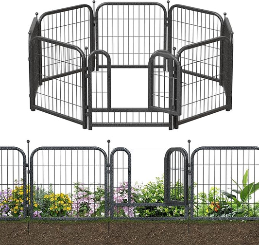 Decorative Garden Metal Fence 15.7ft (L)×24in (H) with 7 Panels 1 Gate Outdoor, No Dig Rustproof Wire, Animal Barrier Fencing for Outdoor Yard Patio Flower Bed,（Black-Silver）