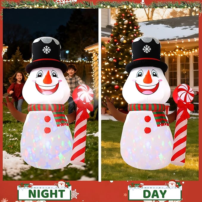 8FT Candy Cane Snowman Christmas Decoration with Built-in LED Lights and Colorful Rotating Lights, Christmas Outdoor Inflatable Decoration for Lawns, Yards, Gardens, and Patios