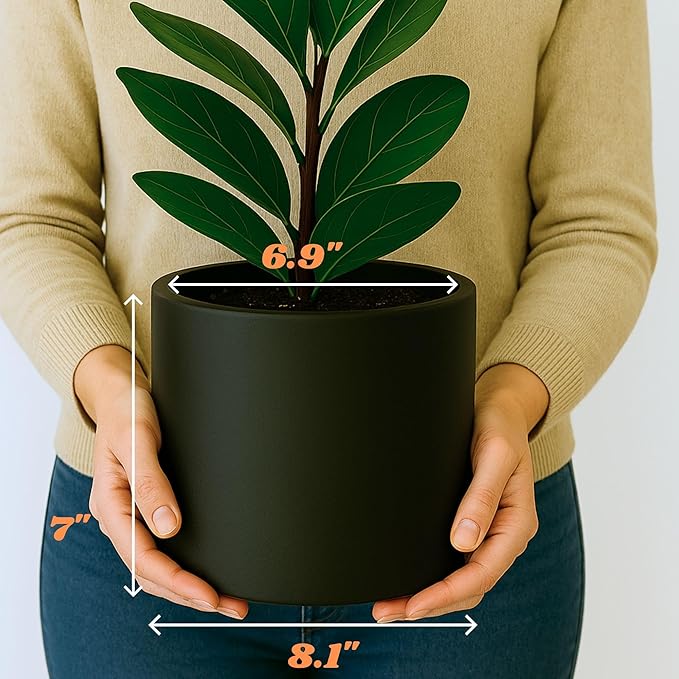 Fox & Fern 8 Inch Black Plant Pot with Drainage Plug — Premium Lightweight Fiberstone Matte Black Planter; 8 Inch Pots for Plants; for Indoor & Outdoor Use; Weather Resistant & UV Resistant