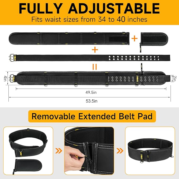 4-Inch Padded Tool Belt,Heavy Duty Tool Belts for Men with 4 Suspenders Ring,Work Belts for Electrician,Carpenter,Construction,Utility Belt,Adjustable 34''-40''(Pouch not Included)