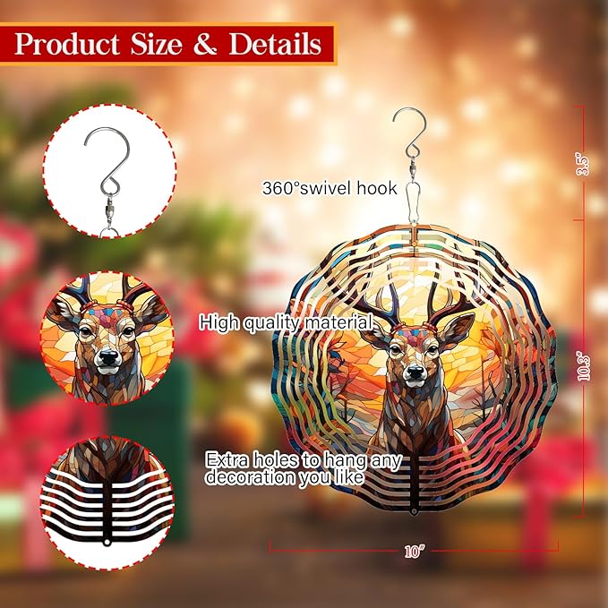 Deer Head Wind Spinner 3D Frosted Deers Head Wind Spinner Hanging for Yard and Garden, Cute Spinners Made of Tough Steel Plate