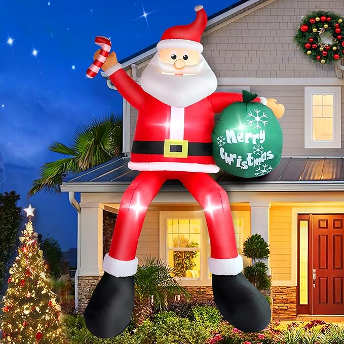 8FT Inflatable Sitting Santa Claus Christmas Outdoor Decorations, Blow Up Santa Claus with Gift Bag Sitting on Roof Wall Tree Chair, Xmas Outdoor/Indoor Decorations for Street House Patio Bench Shrubs