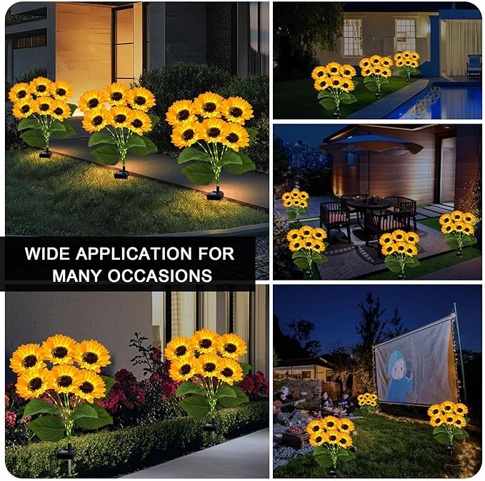 Solar Sunflower Lights 2 Pack with 12 Outdoor Decorative Lights for Garden Gift for Mom and Friends, IP65 Waterproof Sunflower Garden Stake Lights for Yard Patio Lawn Pathway (Warm White)
