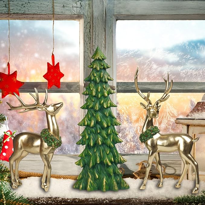 Newman House Studio Standing Reindeer Tree Figurine Christmas-Decor - 3PC Large Christmas Reindeer Decor Indoor Gold Resin Deer with Tree Statue White Farmhouse Decor 10.75 * 7 * 20.25 inch
