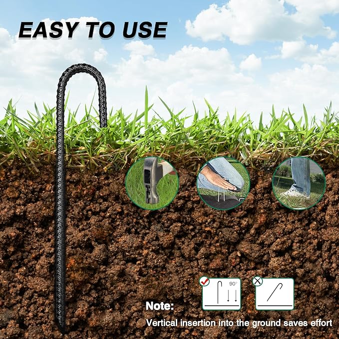 12 Inch Rebar Stakes Heavy Duty, 10 Pack Garden Stake J-Hook, Electrostatic Rust Proof Metal Stakes for Tent, Landscape,Outdoor Decorations, Fabric Ground Cover, Tube Fixing (Black, J-12in-10pc)