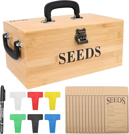 Luxiv Bamboo Seed Saving Box, Wood Seed Storage Organizer Box Large Seed Container with Lid Wood Garden Seed Bin with Lock, 3 Handle, 30P Envelope Seed Bags, 30P Plant Tags, 1 Double Side Pen