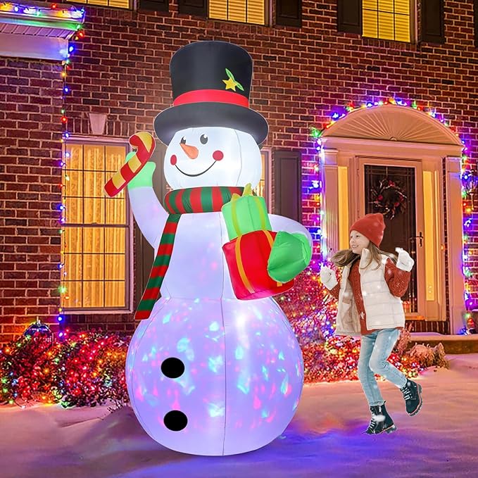8 FT Christmas Inflatable Decoration Snowman with Built-in Rotating Colorful LED Blow Up Christmas Snow Man for Yard Supplies Giant Xmas Party Decor Holiday Décor for Outdoor Garden Lawn