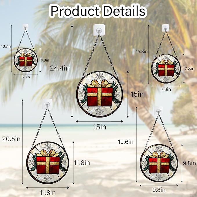 Stained Glass Window Hanging - Snowflake Gift Box Suncatcher for Doors Home Christmas Decoration Winter Sun Catcher Thanksgiving New Year Birthday Gifts for Women Men Mom Nana Girl 15 in