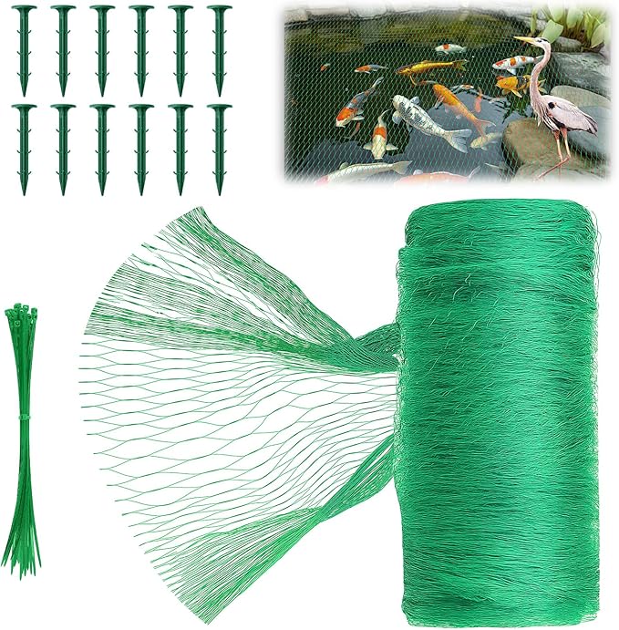 Koi Pond Netting Kit 7 x 10ft, Bird Deer Fence Netting, Durable Net Cover for Leaves, Heavy Duty Fine Mesh, Protect Fish from Birds, Cats & Predators, 12pcs Stakes & Ties Included(Green)