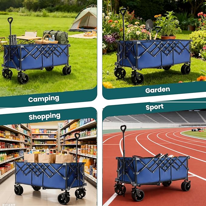 NEWBULIG Collapsible Wagon Cart - 440lbs Foldable Extra Long Heavy Duty Utility Wagon with Wheels, Portable Storage Grocery Cart for Camping, Shopping, Sports, Beach, Garden