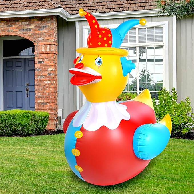 1Pcs 4.6 Feet Giant Inflatable Duck Outdoor Decorations,Huge Blow Up Yard Yellow Duck with Red Blue Clown Cloth Duck Pool Float for Summer Beach Pool Carnival Birthday Party Garden Decor