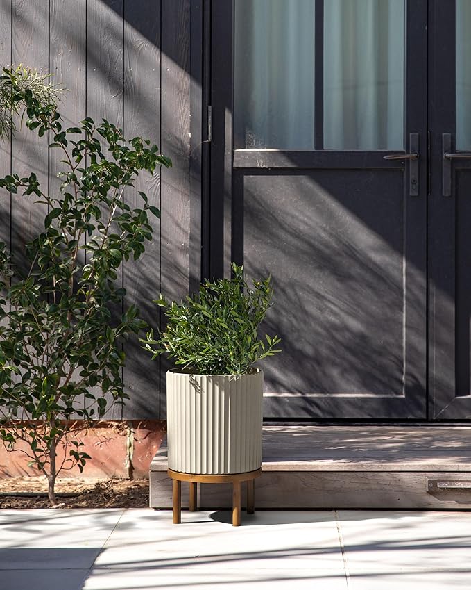 Veradek Demi Series Round Planter w/Stand for Porch/Patio | Durable Plastic-Stone Composite & Wooden Stand | Modern Décor for Tall Plants, Flowers