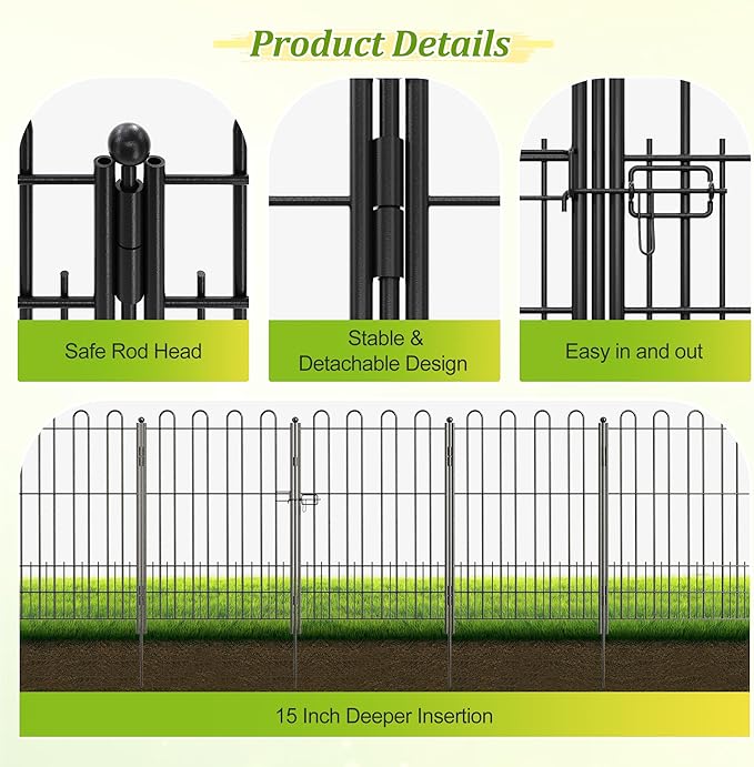 Bepatio Tall Garden Fence Animal Barrier with Gate, 39.5in (H) x 23ft (L) 10 Panels Decorative Dog Fence Outdoor for Yard, Heavy Duty Metal Fence Border, Flower Bed, Easy Setup, Black