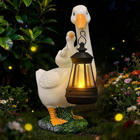 Solar Porch Goose Garden Statues - Goose Sculptures with Lantern Outdoor Decoration Waterproof Figurine Lights for Outside Patio Yard Decor Lawn Ornaments Birthday Gifts for Grandma Mom Women