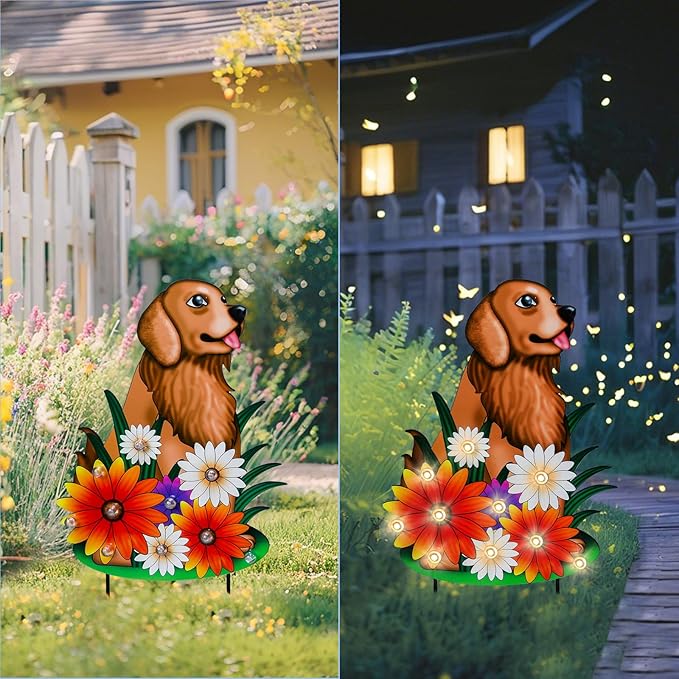 WONDER GARDEN Decorative Garden Stakes - Lighted Dog and Flower Yard Sign Stakes Spring Signs for Outdoor, Porch, Yard,Flower Bed Decor (Battery Operated)